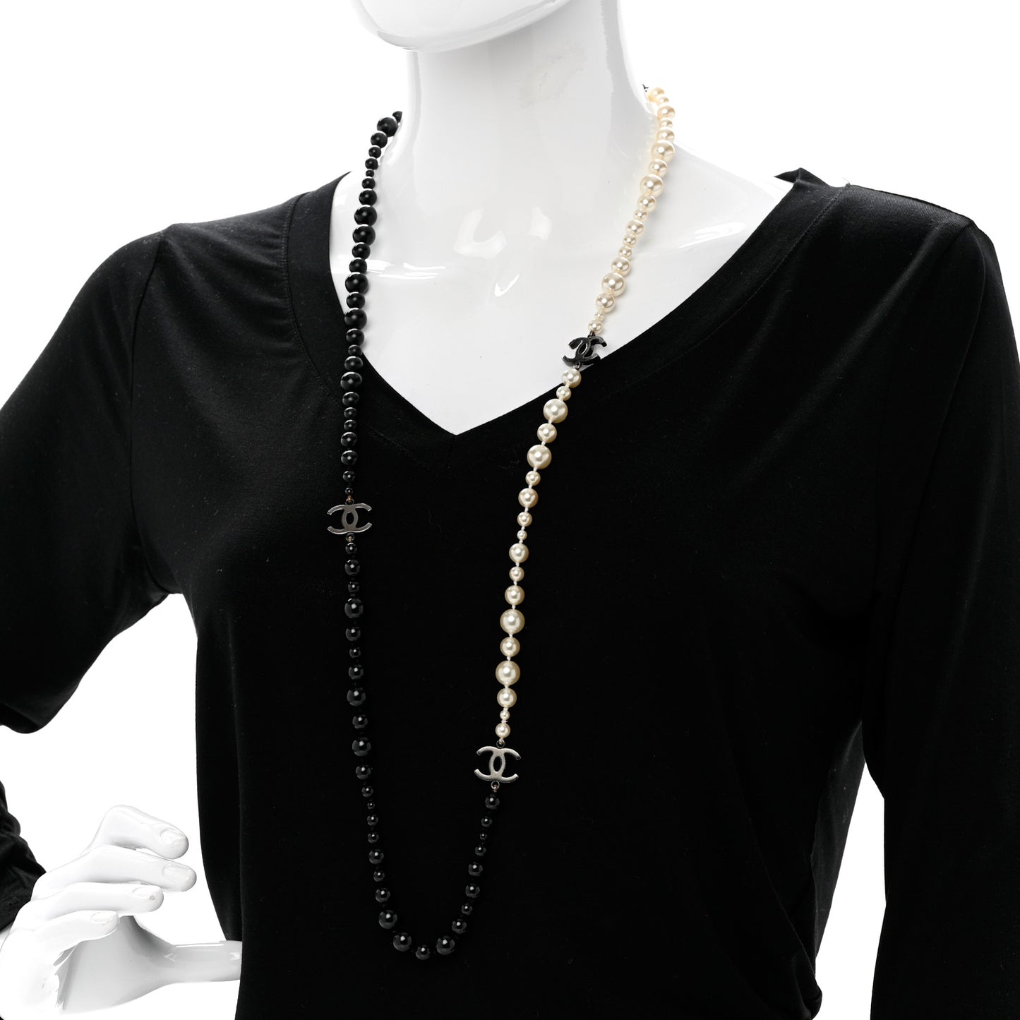 Pearl Beaded CC Long Necklace Black White