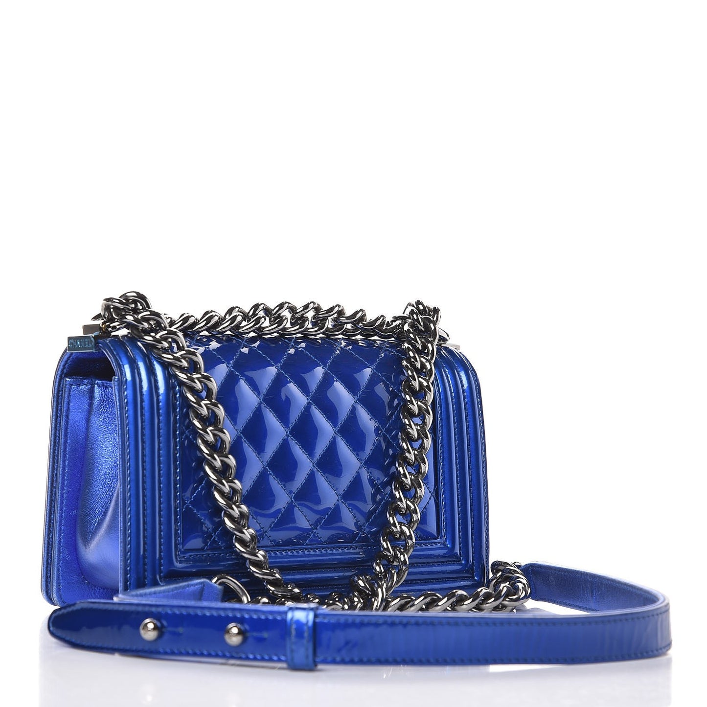 Metallic Patent Calfskin Quilted Small Boy Flap Blue