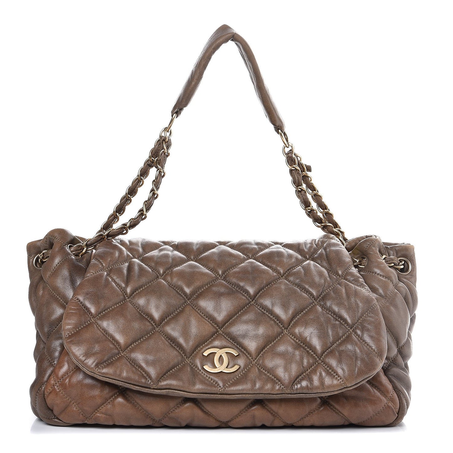 Lambskin Bubble Quilt Flap Bag Dark Beige