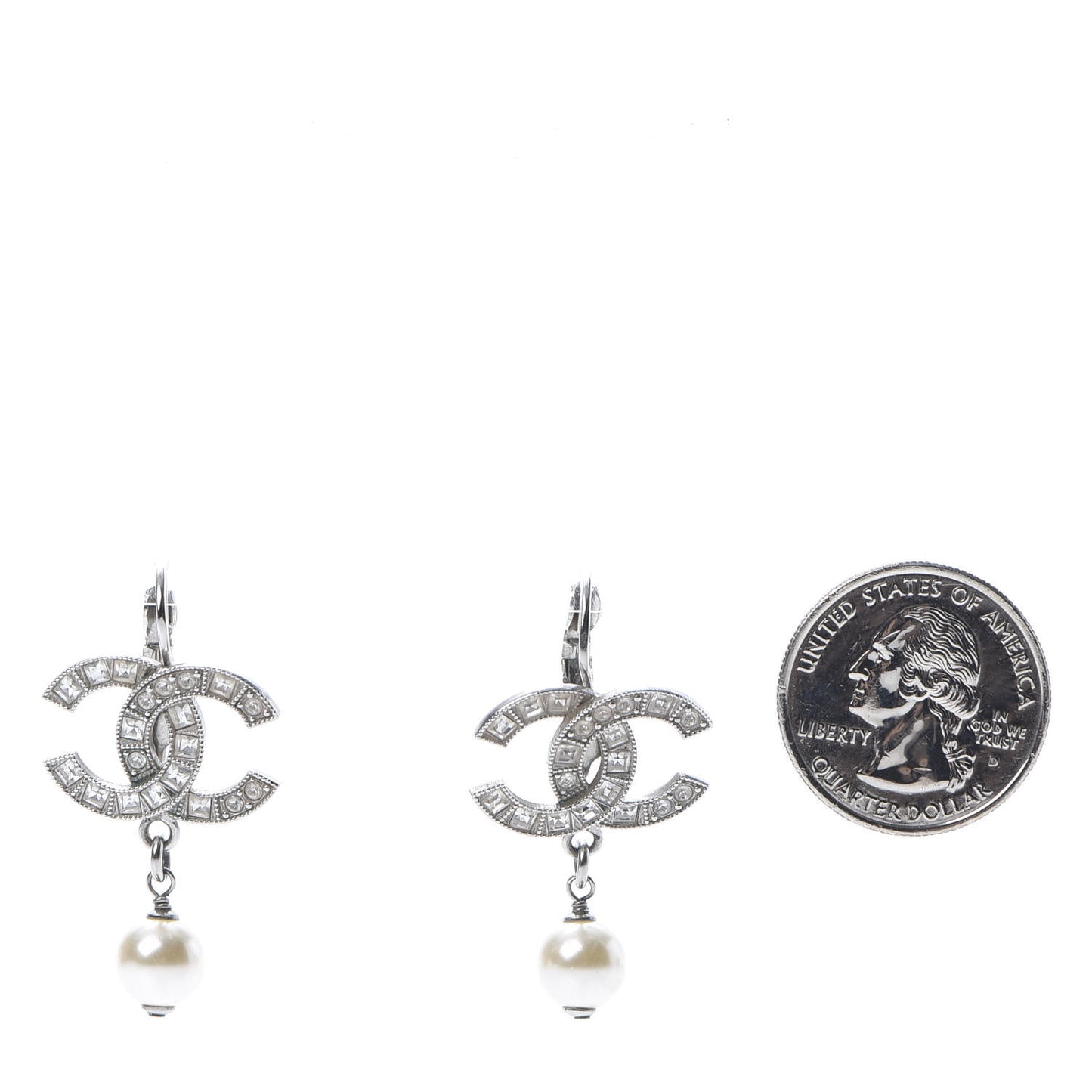 Baguette Crystal Pearl CC Drop Earrings Silver