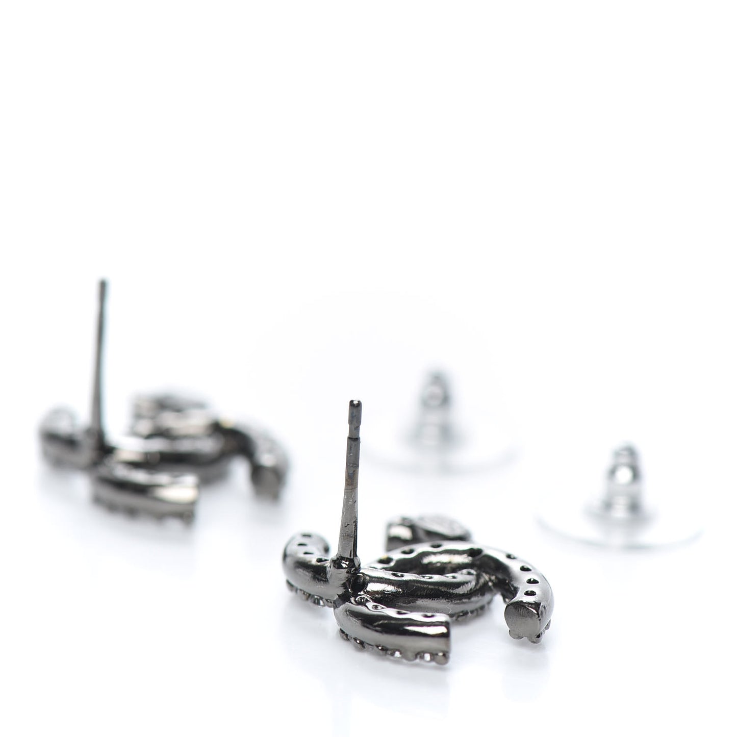 Metal Crystal CC Lock Symbols Stud Earrings Ruthenium