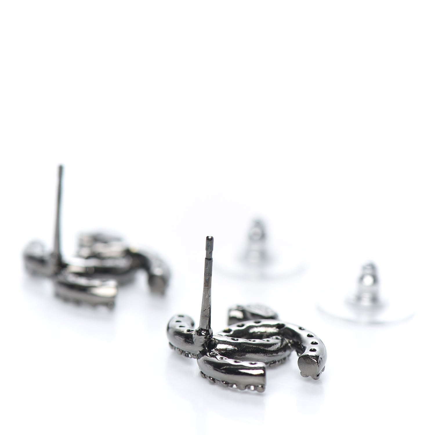 Chanel Metal Crystal CC Lock Symbols Stud Earrings Ruthenium 3 of 5