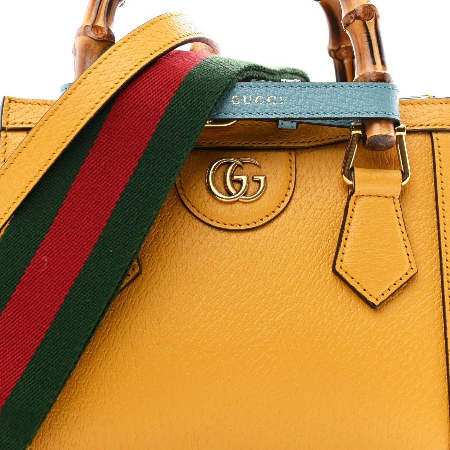 Gucci Textured Dollar Calfskin Web Mini Diana Tote Bag Yellow