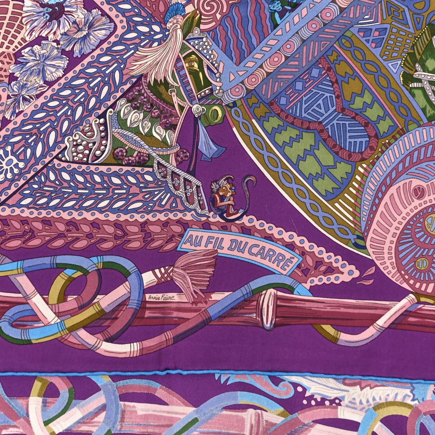 Silk Au Fil Du Carre Scarf 90 Violet Vieux Rose Vert