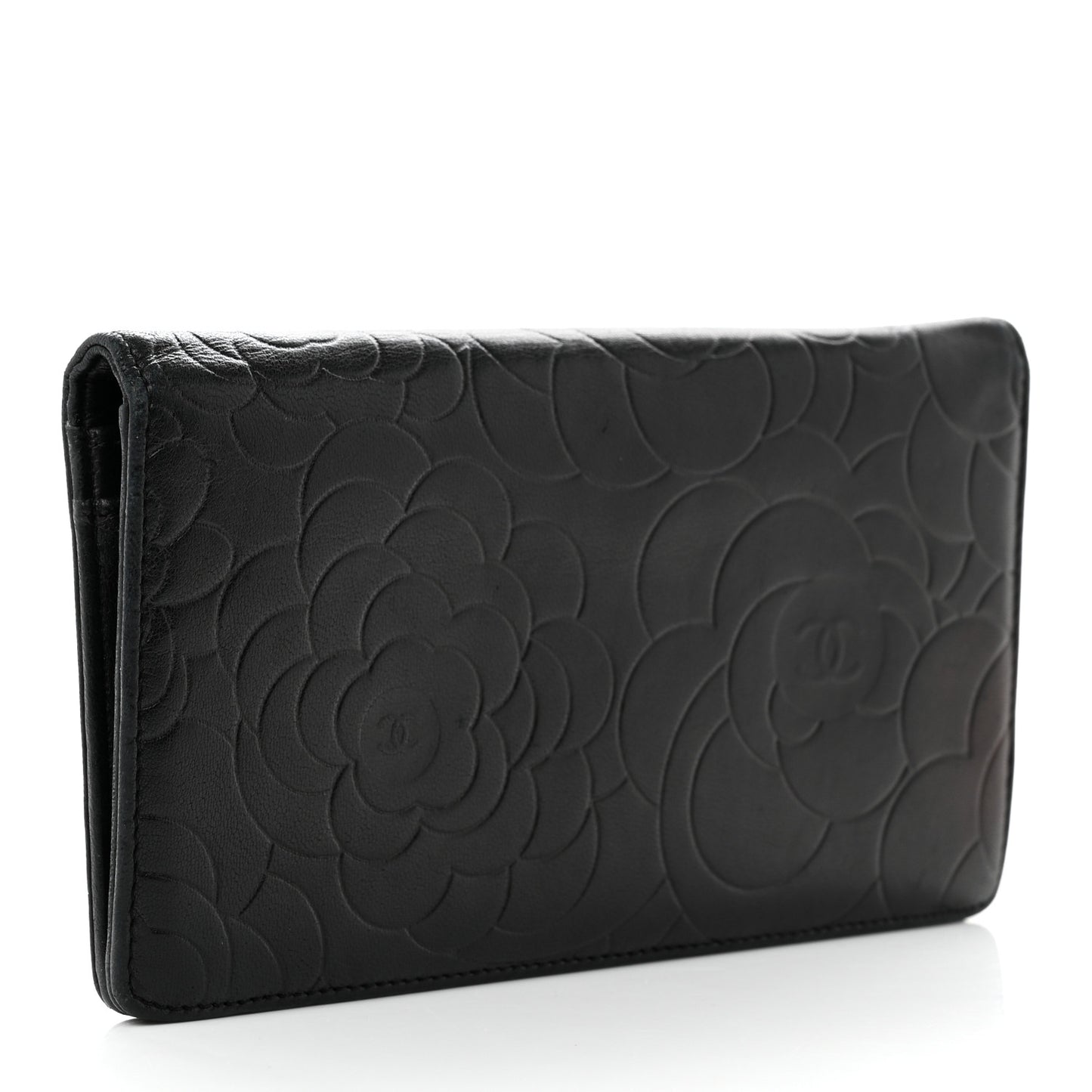 Lambskin Camellia Embossed Yen Wallet Black