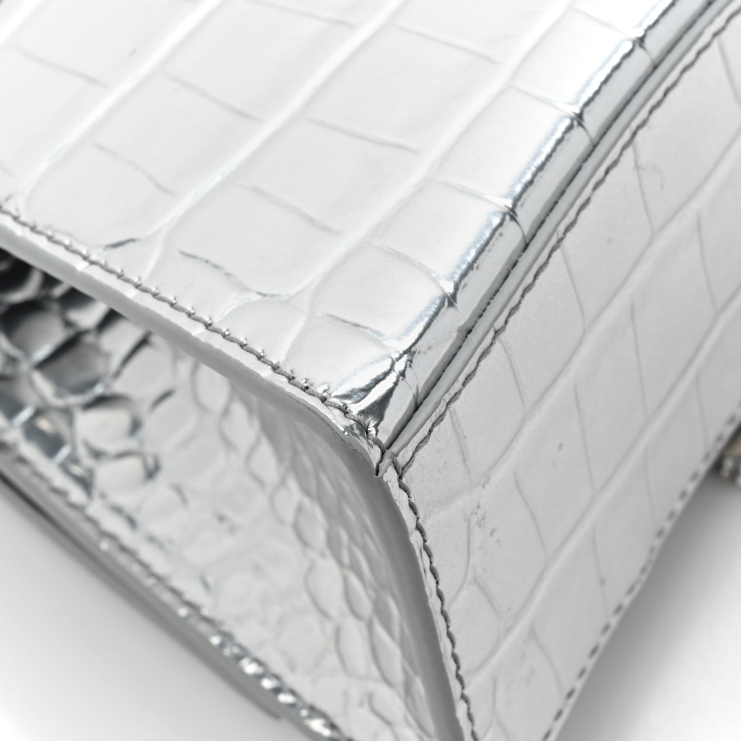 Metallic Calfskin Crocodile Embossed Crystal Hourglass Top Handle Bag XS Silver
