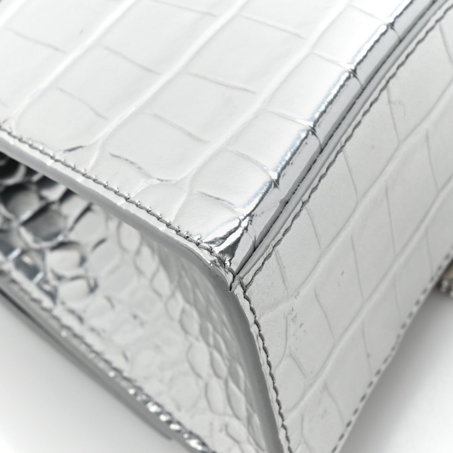 Balenciaga Metallic Calfskin Crocodile Embossed Crystal Hourglass Top Handle Bag XS Silver 13 of 16