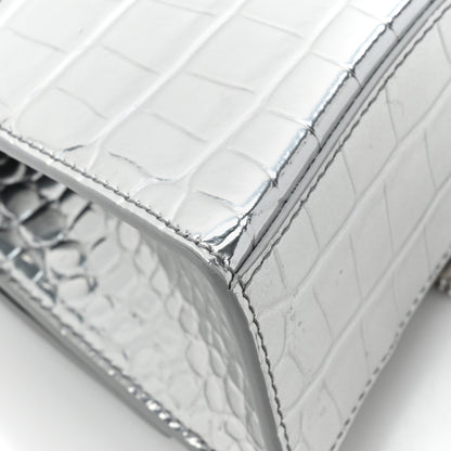 Balenciaga Metallic Calfskin Crocodile Embossed Crystal Hourglass Top Handle Bag XS Silver 13 of 16