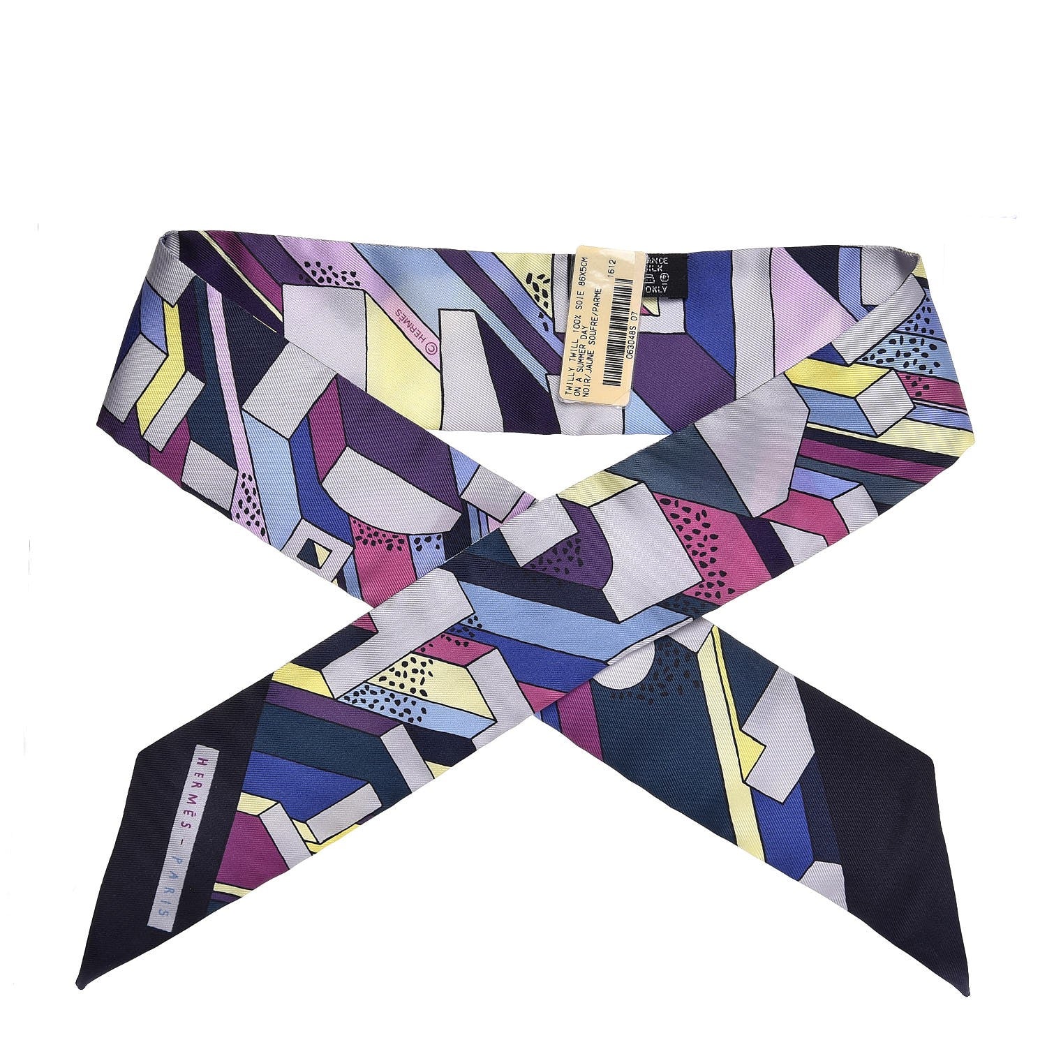 Hermes Silk On A Summer Day Twilly Black Jaune Soufre Parme 1 of 5