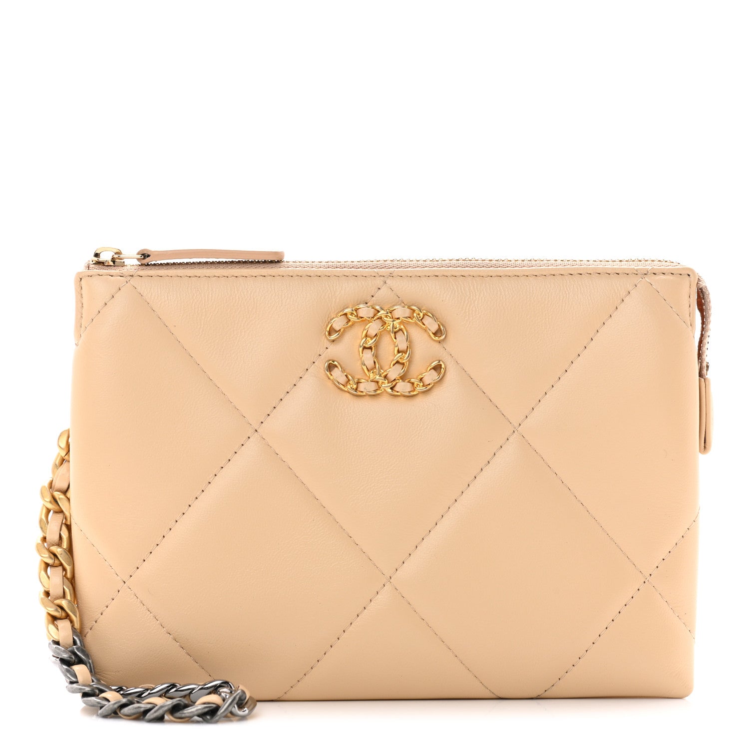 Chanel Shiny Goatskin Quilted Chanel 19 Small Pouch With Handle Beige 1 of 9