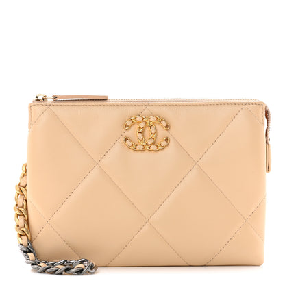 Chanel Shiny Goatskin Quilted Chanel 19 Small Pouch With Handle Beige 1 of 9