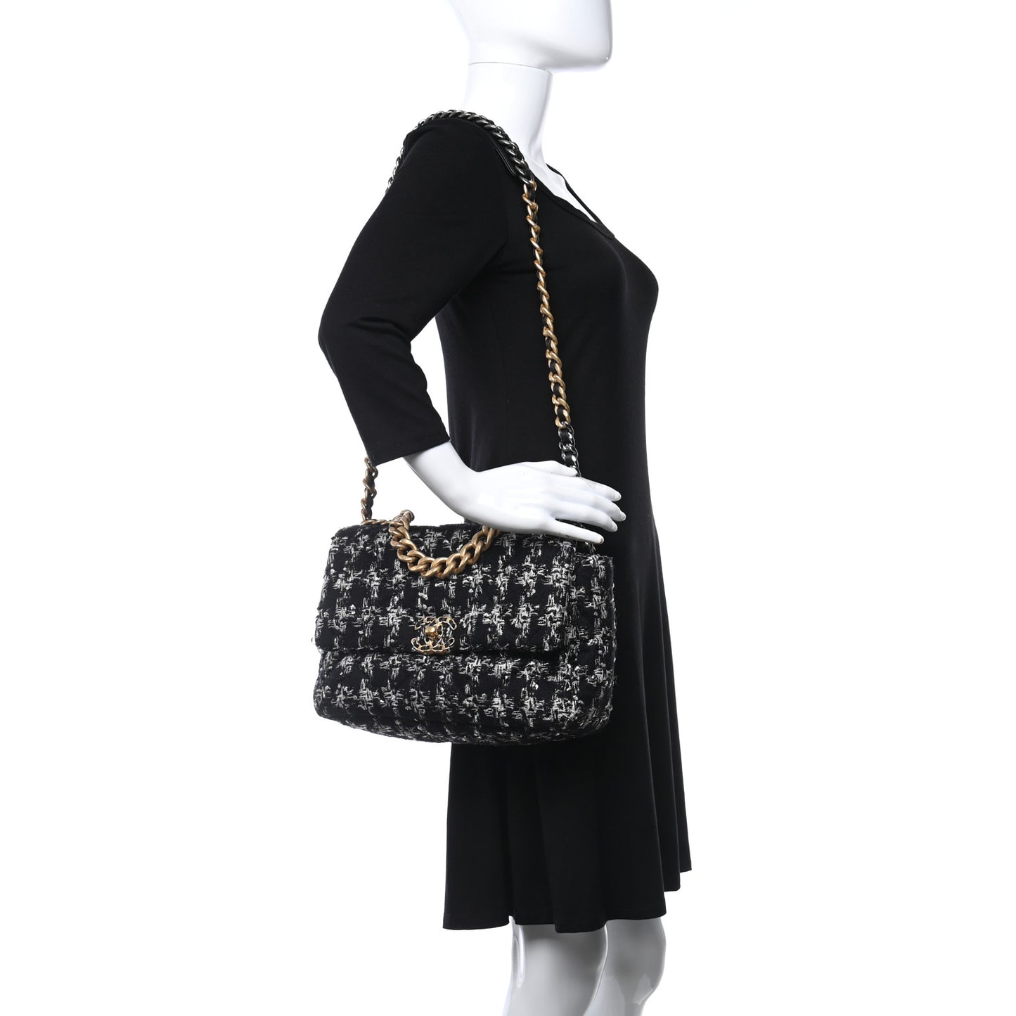 Tweed Quilted Large Chanel 19 Flap Black Silver Ecru