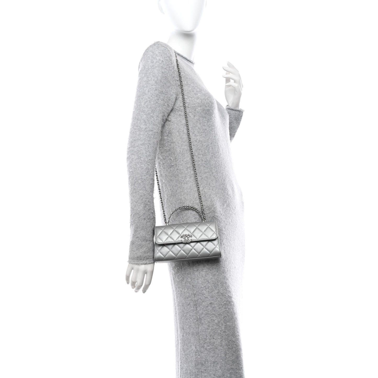 Lambskin Quilted Chain Top Handle Phone Holder With Chain Silver