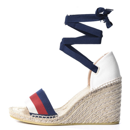 Gucci Canvas Sylvie Web Ankle Wrap Espadrille Wedge Sandals 42 Mystic White Hibiscus Red Maritime 1 of 10