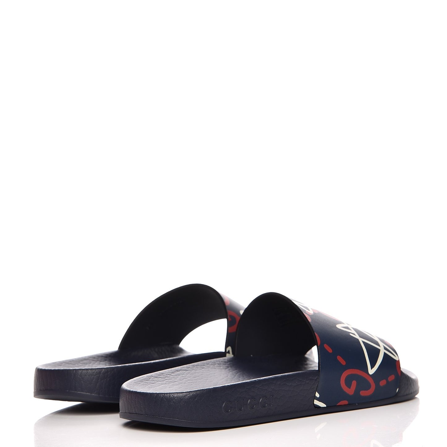 Calfskin GucciGhost Print Womens Slide Sandals 37 Blue Agata Hibiscus Red