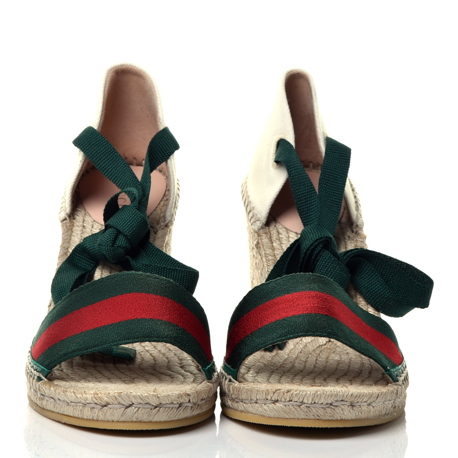Gucci Canvas Malaga Kid Web Ankle Wrap Espadrille Wedge Sandals 40.5 Green Red Mystic White Emerald 2 of 11