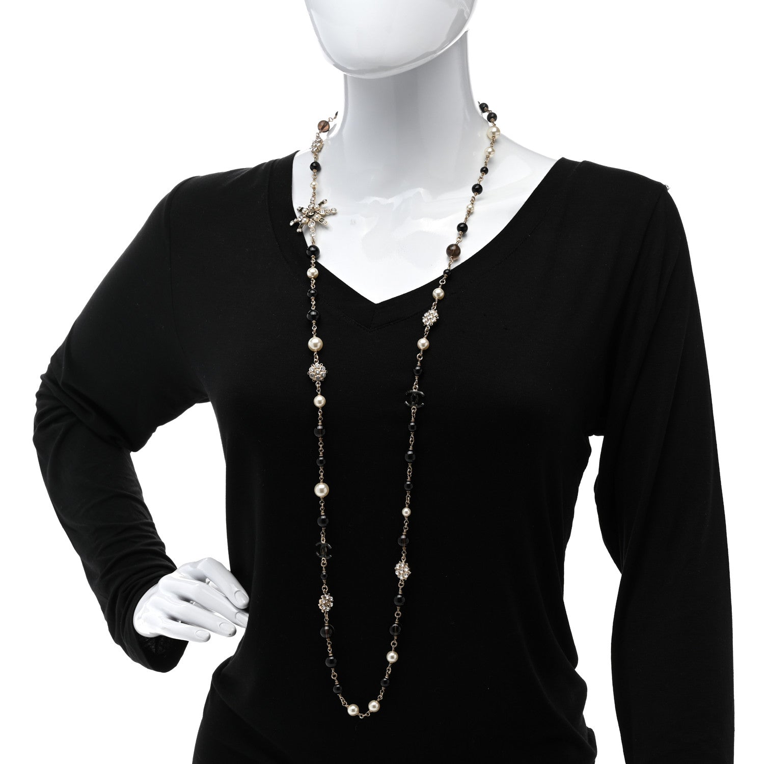 Chanel Pearl Crystal Bead CC Long Necklace Black Gold 2 of 6