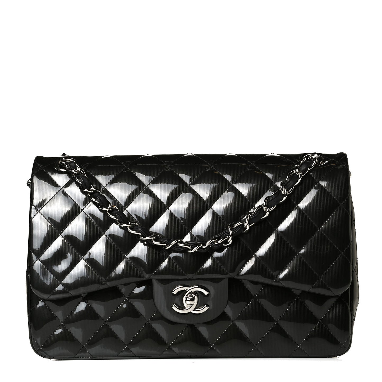 Striated Patent Quilted Jumbo Double Flap Dark Gray