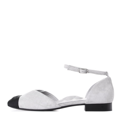 Chanel Suede Grosgrain Cap Toe CC Ankle Strap Sandals 39.5 Grey Black 1 of 10