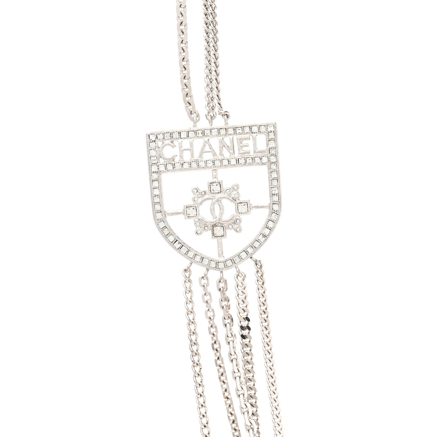 Baguette Crystal CC Shield Multi Strand Long Chain Necklace Silver
