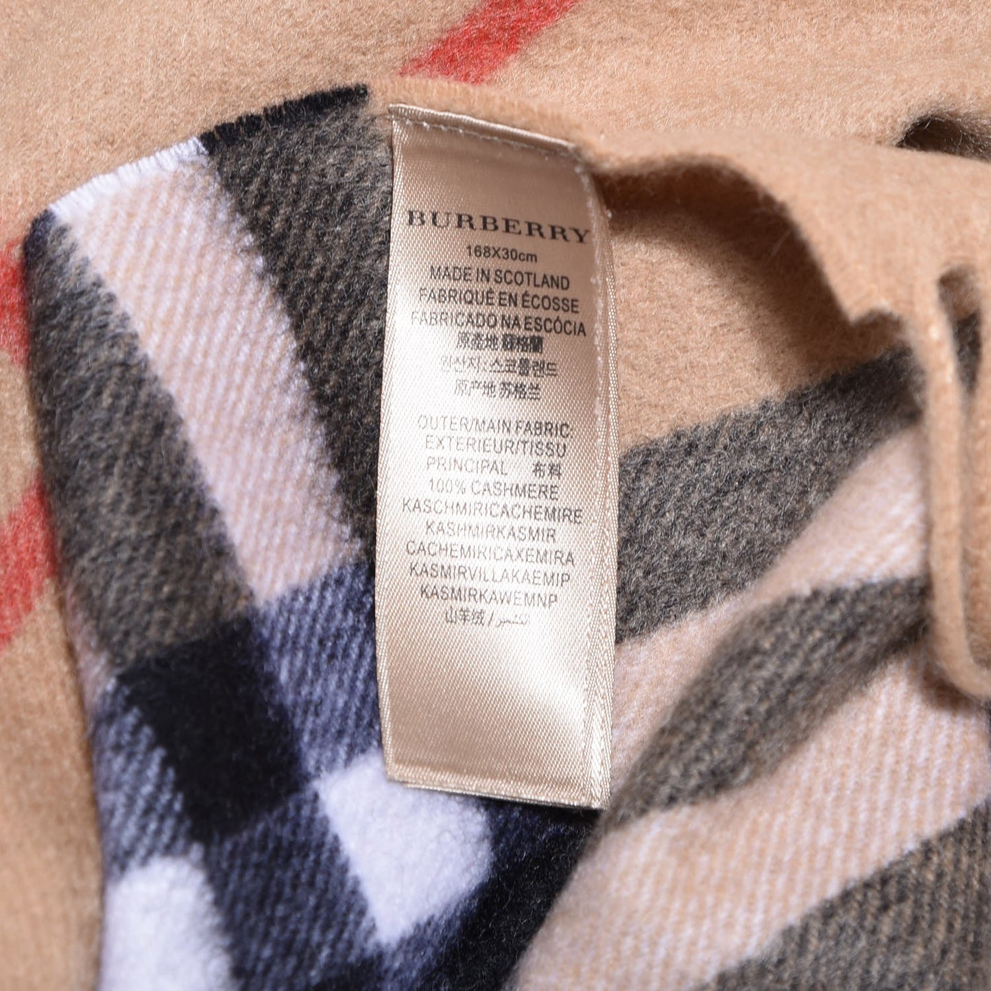 Cashmere Giant Check Fringe Scarf Camel