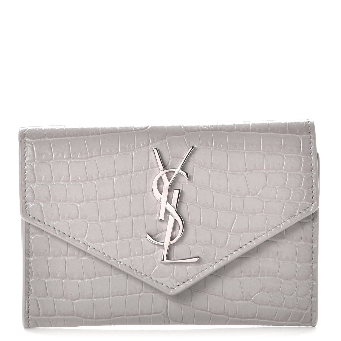 Shiny Calfskin Crocodile Embossed Monogram Envelope Wallet Mouse Grey