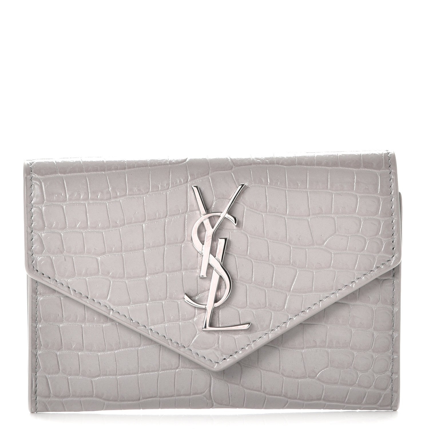 Saint Laurent Shiny Calfskin Crocodile Embossed Monogram Envelope Wallet Mouse Grey 1 of 8