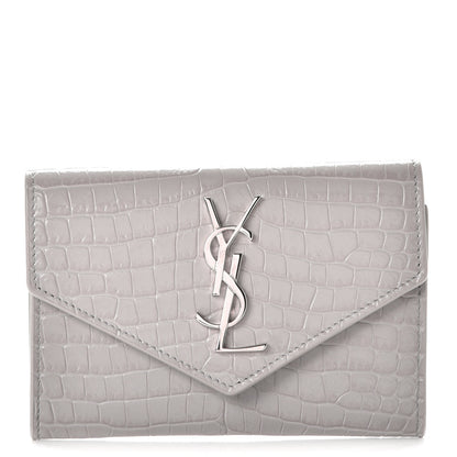 Saint Laurent Shiny Calfskin Crocodile Embossed Monogram Envelope Wallet Mouse Grey 1 of 8