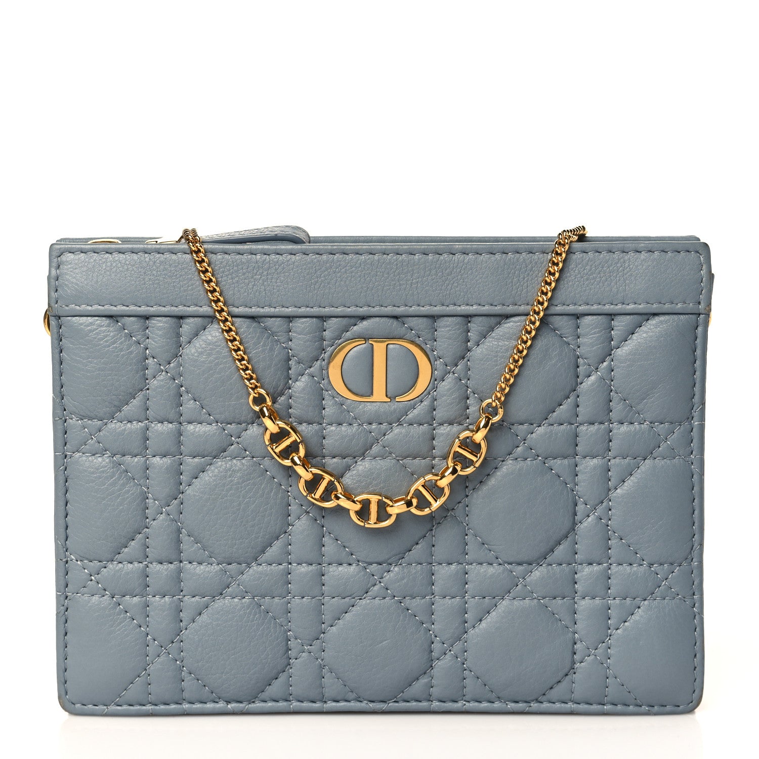 Christian Dior Calfskin Cannage Caro Zipped Pouch With Chain Cloud Blue 1 of 8
