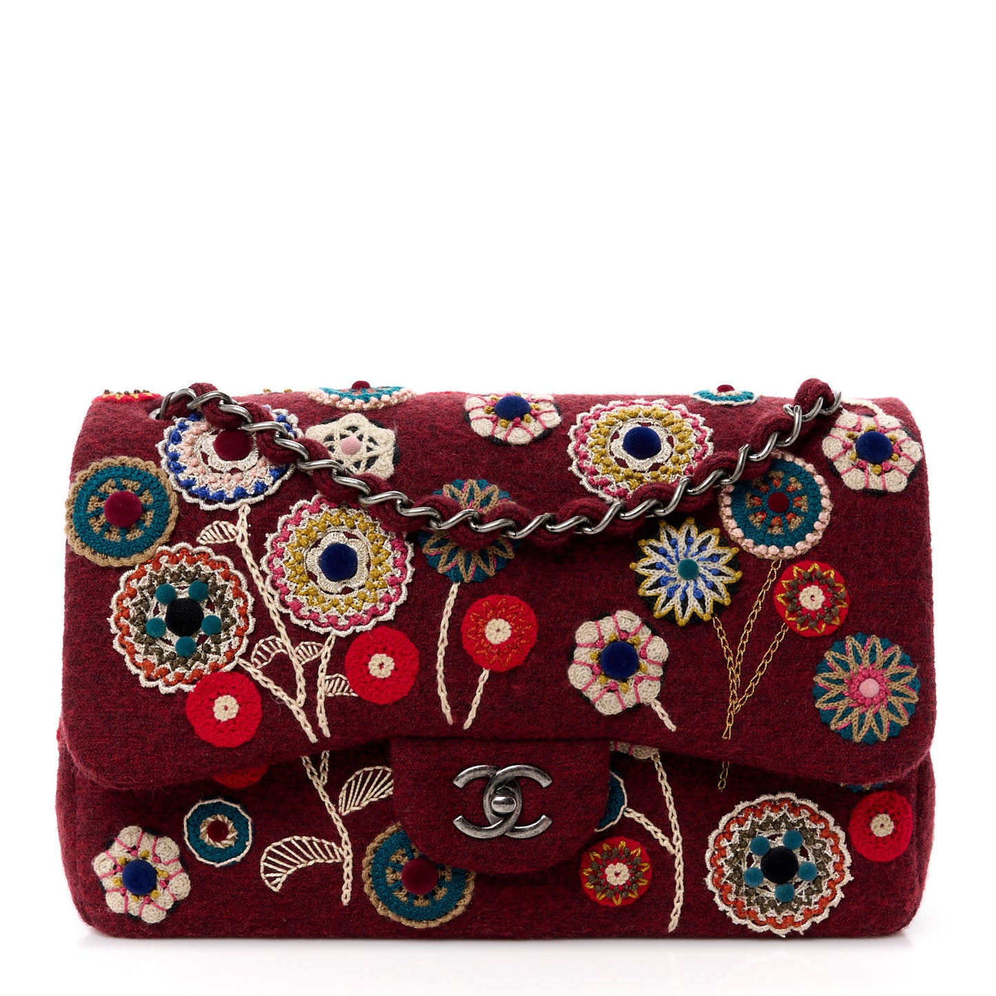 Felt Flower Embroidered Jumbo Double Flap Burgundy Multicolor