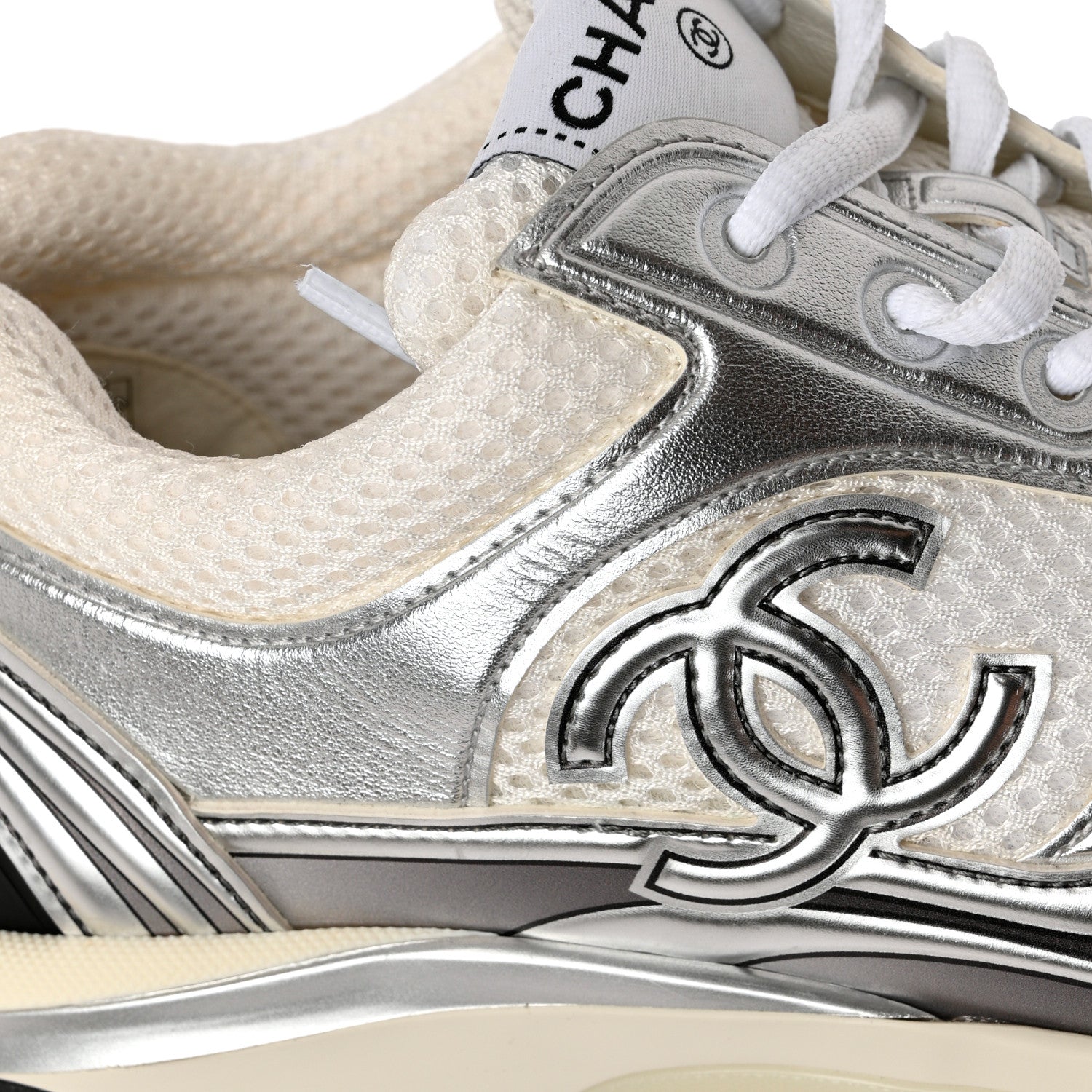 Chanel Fabric Laminated Calfskin Stretch CC Sneakers 38 White Silver 9 of 11