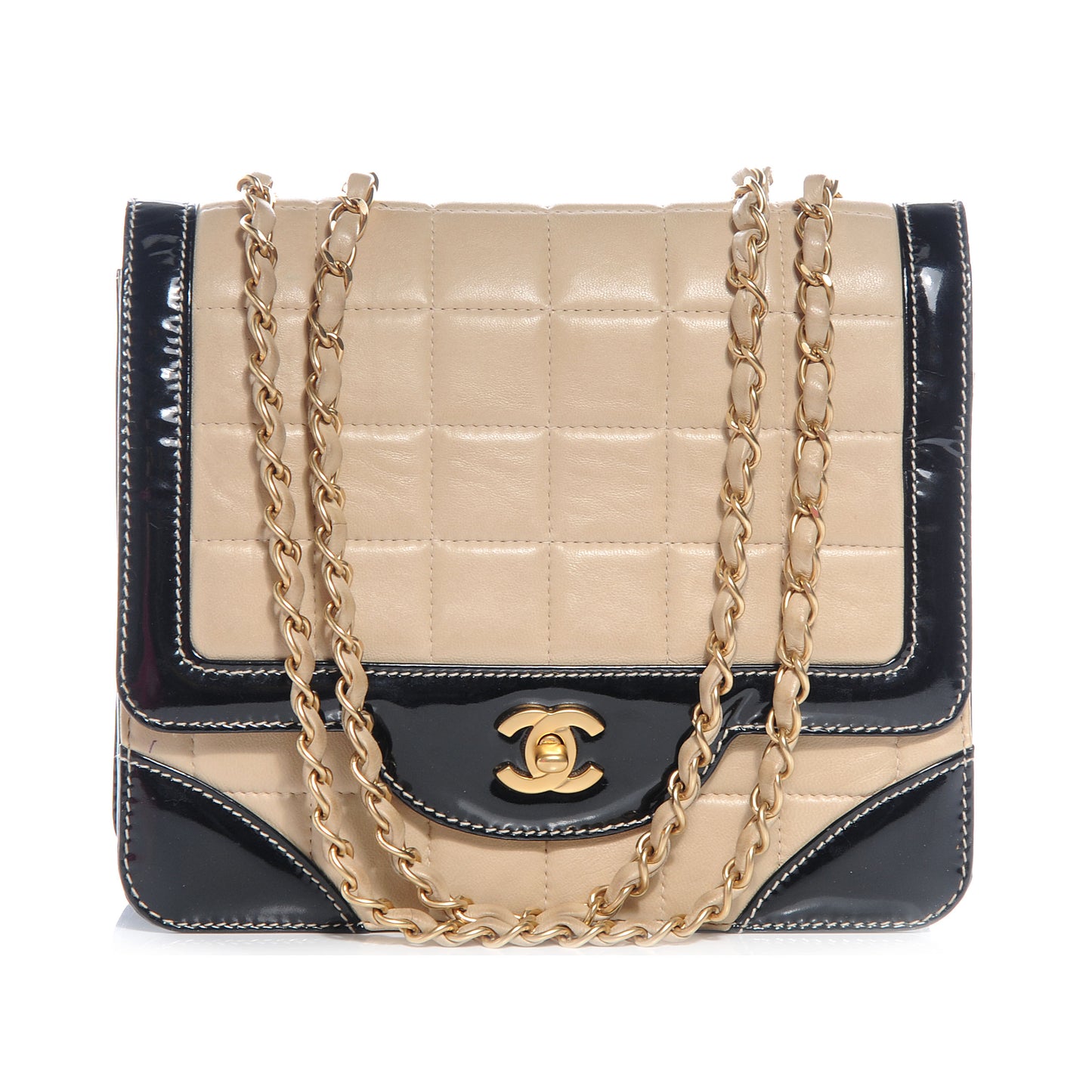 Lambskin and Patent Chocolate Bar Flap Beige