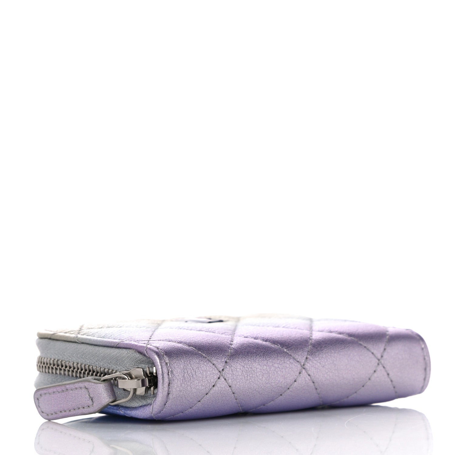 Chanel Gradient Metallic Calfskin Quilted Zip Around Coin Purse Wallet Silver Blue Yellow Purple 4 of 11