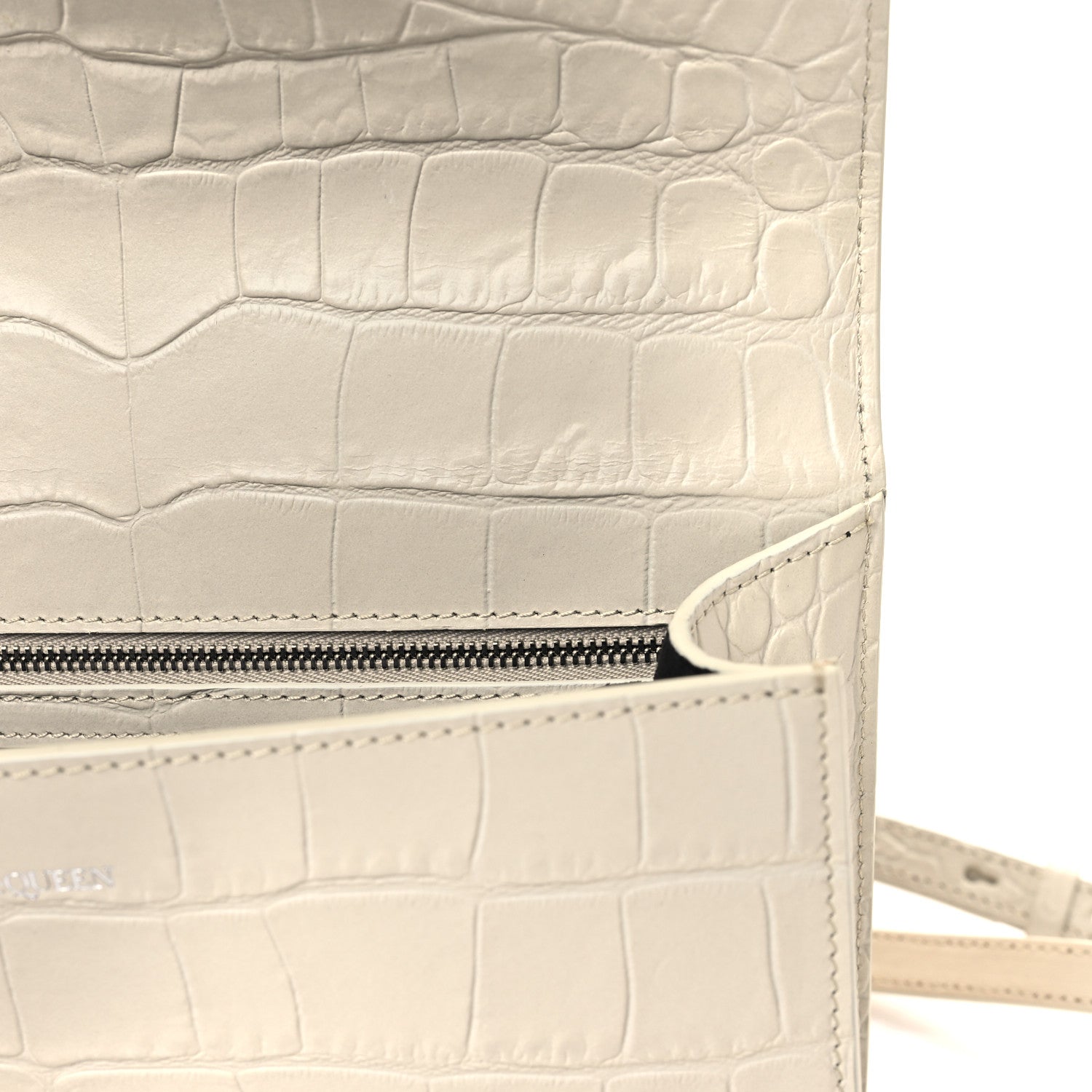 Alexander McQueen Shiny Calfskin Crocodile Embossed Knuckle Jeweled Crossbody White 10 of 12