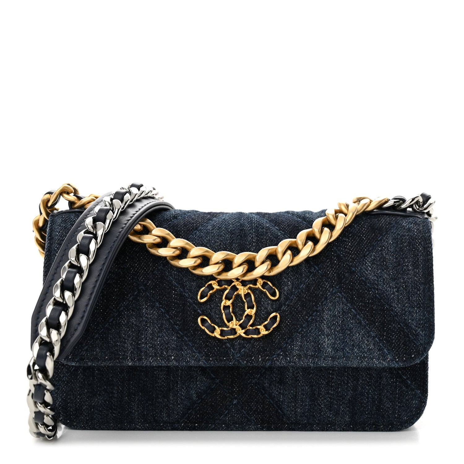 Chanel Denim Quilted Chanel 19 Flap Phone Holder With Chain Blue 1 of 11