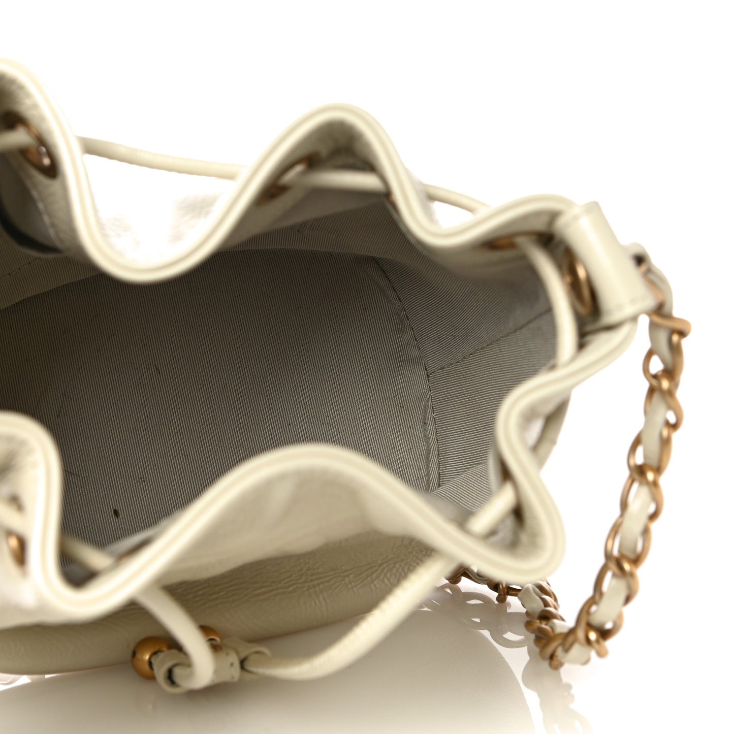 Shiny Aged Calfskin CC Chain Mini Drawstring Bag White