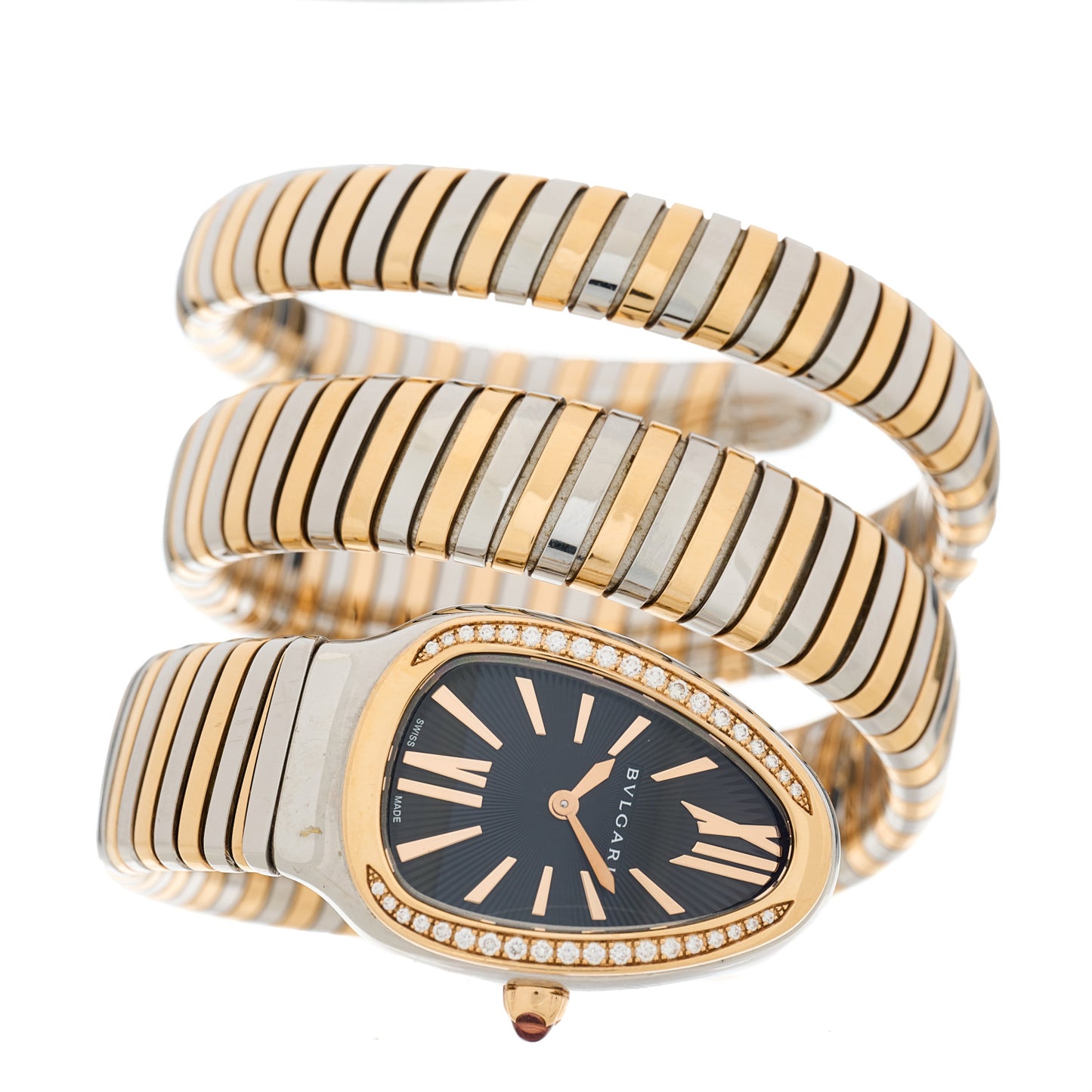 Stainless Steel 18K Rose Gold Diamond Bezel 35mm Serpenti Tubogas Double Spiral Quartz Watch Black