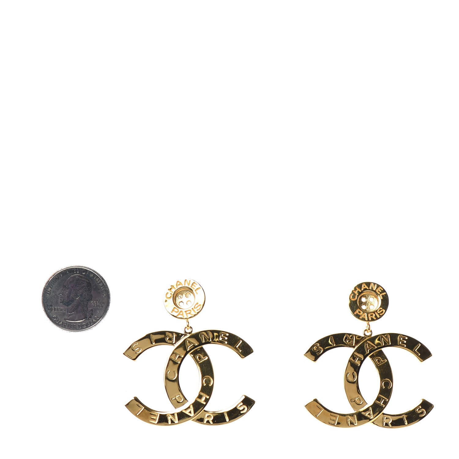 Chanel Metal Large Paris Button Earrings Gold 2 of 4