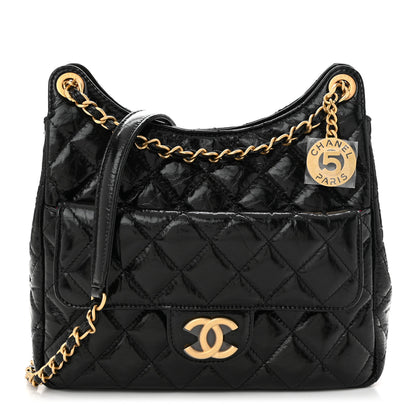 Chanel Shiny Crumpled Calfskin Quilted Wavy CC Hobo Black 1 of 11