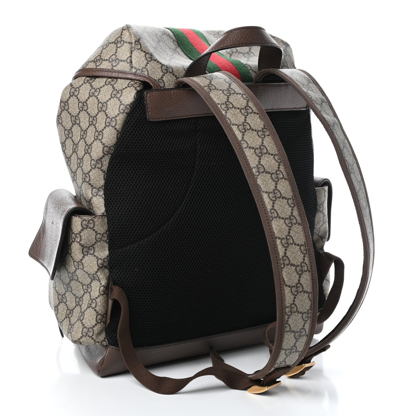 GG Supreme Monogram Medium Ophidia Double Buckle Backpack Brown