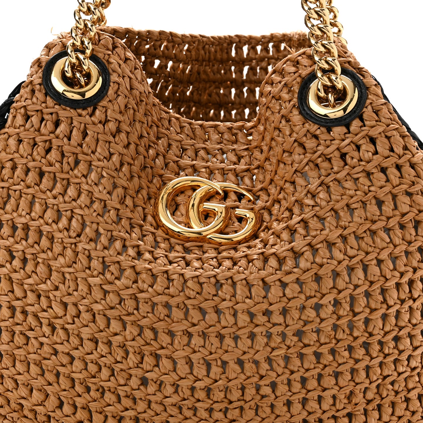 Raffia Effect Medium GG Marmont Shoulder Tote Bag Natural Black