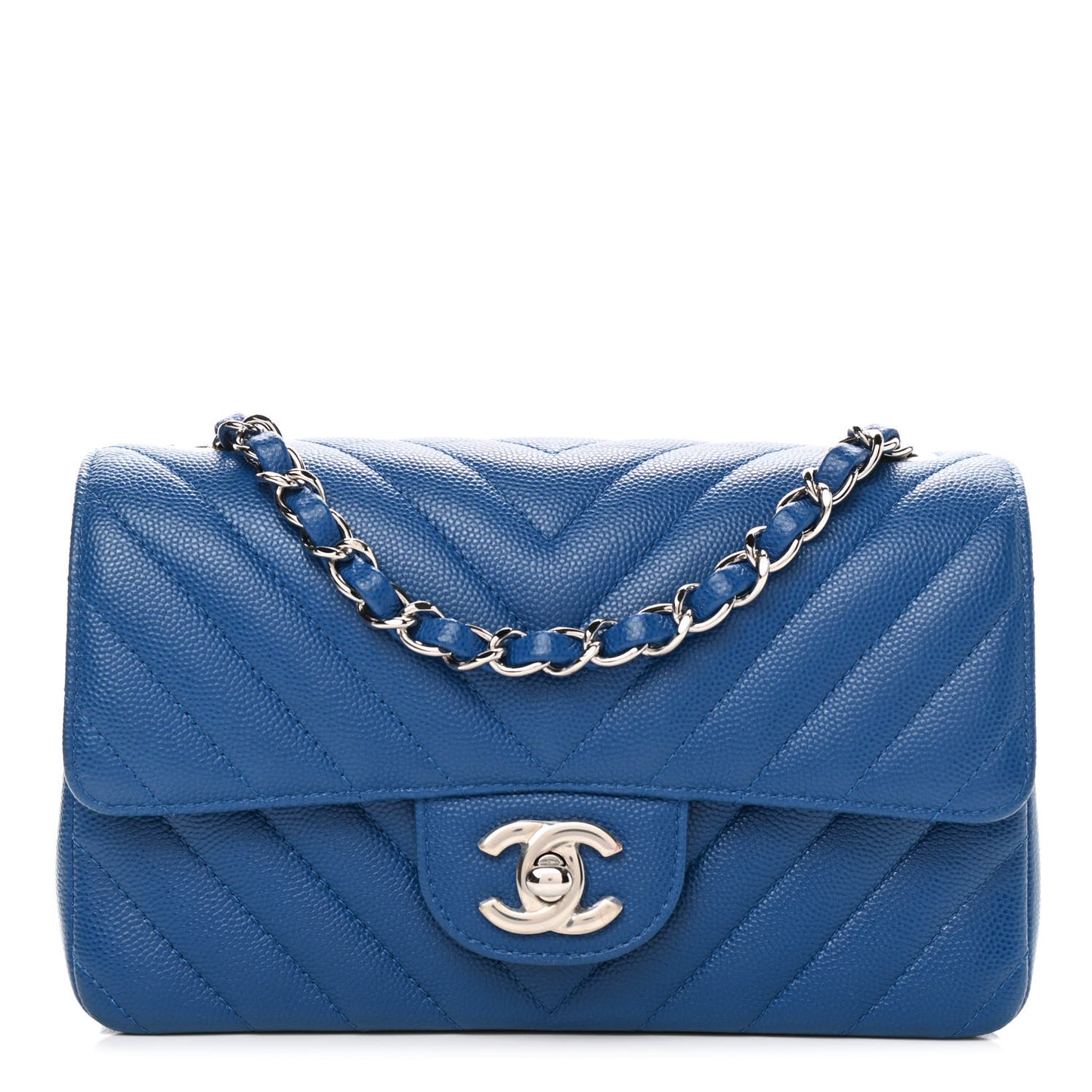 Caviar Chevron Quilted Mini Rectangular Flap Blue