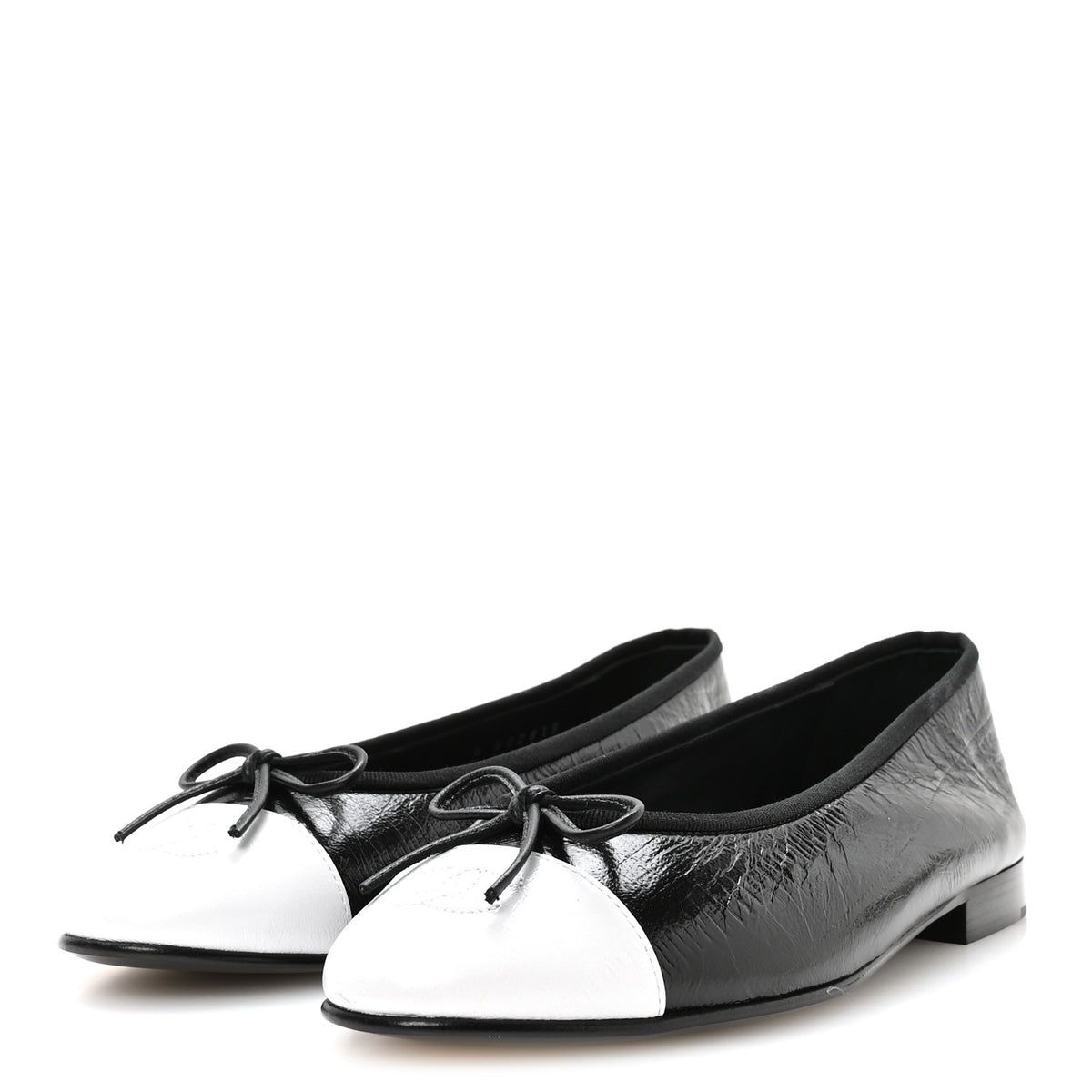 Chanel Crumpled Shiny Lambskin Cap Toe CC Ballerina Flats 38 Black White 4 of 9
