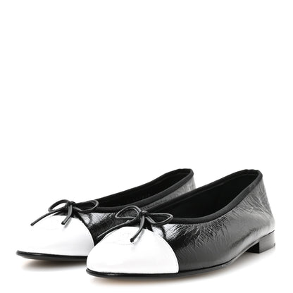 Chanel Crumpled Shiny Lambskin Cap Toe CC Ballerina Flats 38 Black White 4 of 9