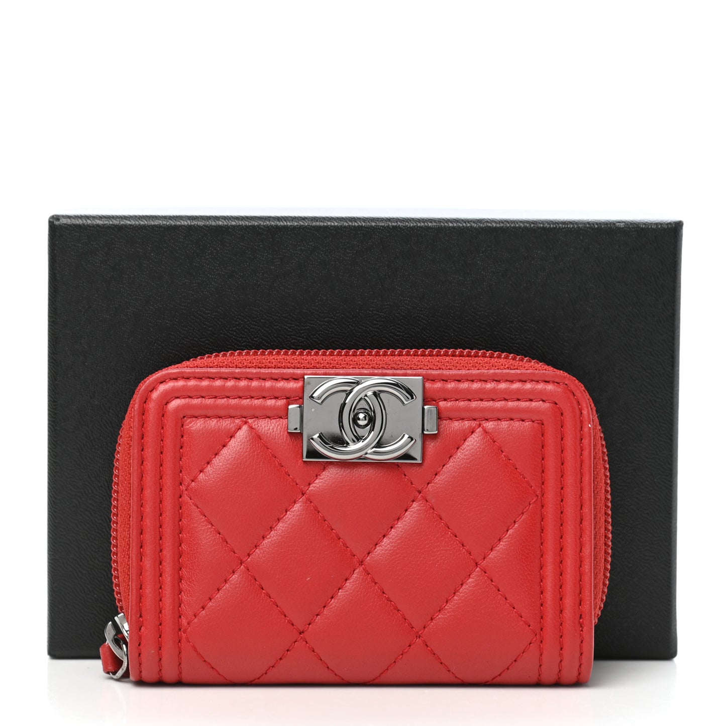 Lambskin Quilted Zip Around Boy Coin Purse Wallet Red