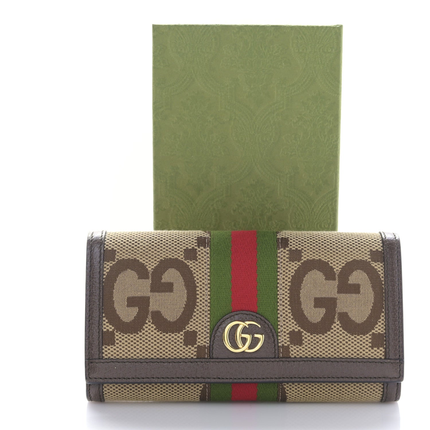 Gucci Monogram Jumbo GG Textured Dollar Calfskin Web Ophidia Continental Wallet Camel Ebony New Acero 10 of 10