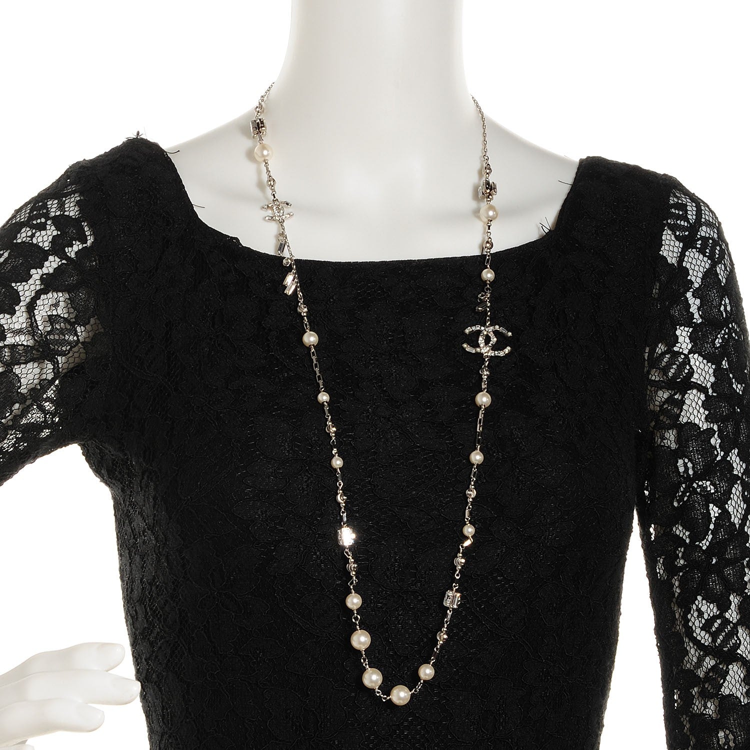 Chanel Crystal Pearl CC Long Necklace Silver 2 of 7