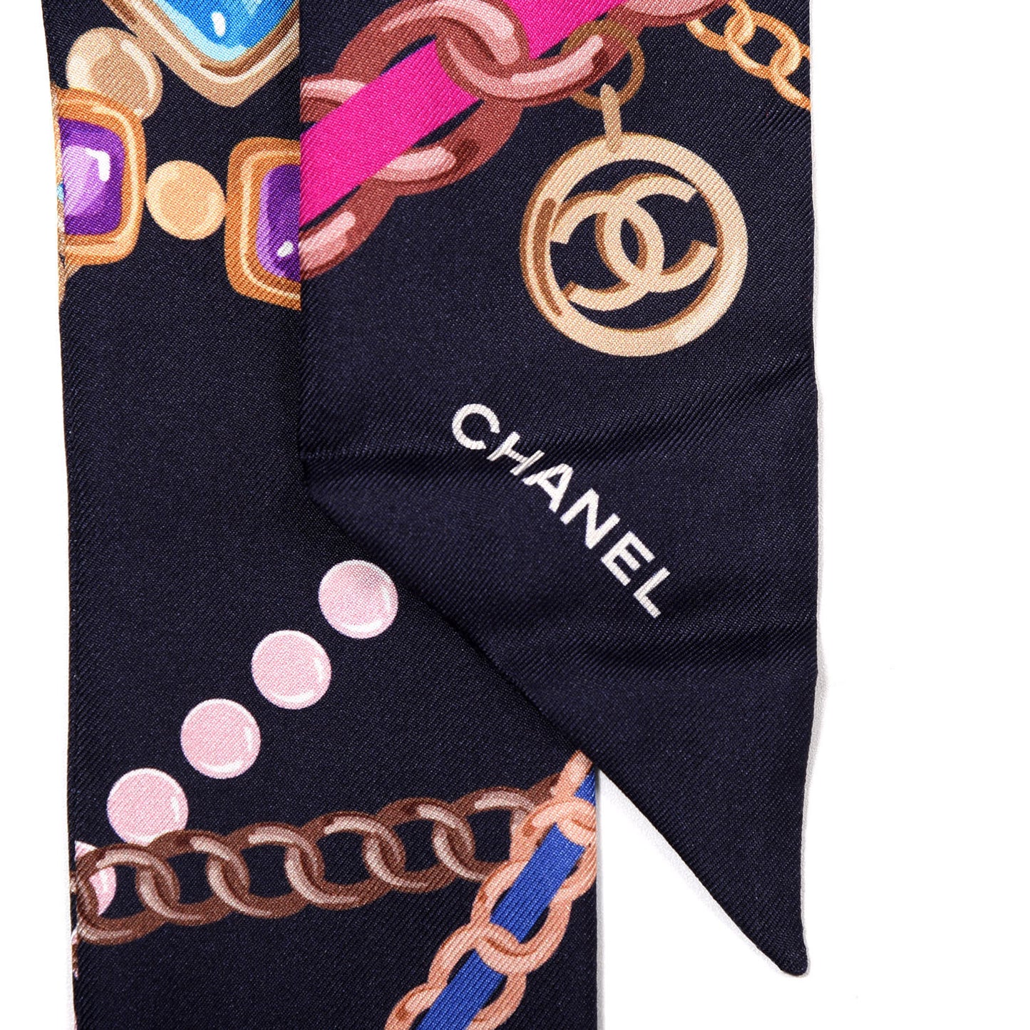 Silk Pearl CC Chain Slim Bandeau Scarf Navy Blue