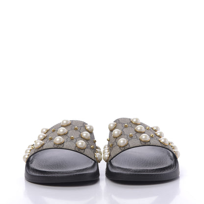 Gucci GG Supreme Monogram Slide Pearls Sandals 39 Beige 2 of 8