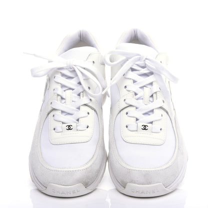 Chanel Suede Calfskin Fabric CC Sneakers 38.5 White 5 of 9